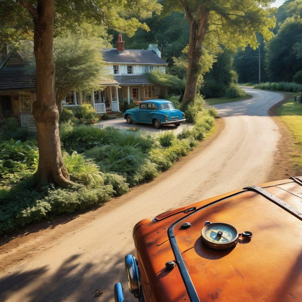 A winding, picturesque backroad flanked by lush greenery and hidden gems like charming cottages and vintage roadside diners, inviting travelers to explore. A vintage car driving down the road, with soft sunlight filtering through the trees, creating a sense of adventure and discovery. Add elements like a detailed map and a compass in the foreground to emphasize travel. super-realistic. vibrant colors. warm tones.