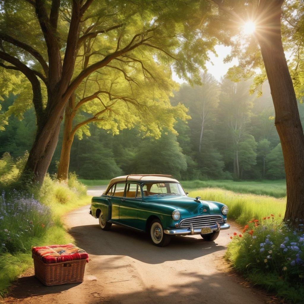 A breathtaking landscape showcasing a winding backroad disappearing into lush forests and rolling hills, surrounded by towering trees and vibrant wildflowers. A vintage car parked alongside the road with a picnic setup featuring a checkered blanket and a basket, inviting travelers to explore. Soft sunlight filters through the leaves, casting a warm glow on the scene. super-realistic. vibrant colors.